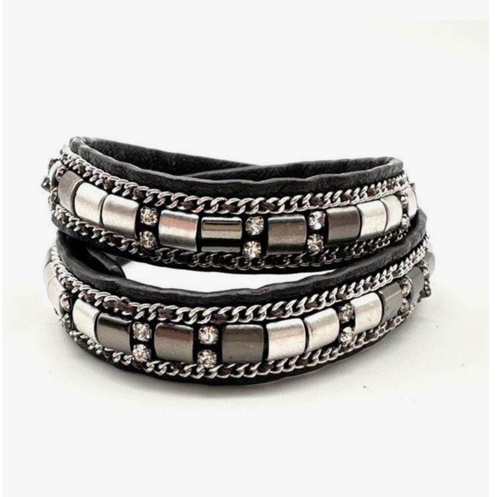 Stella & Dot Cady Double-Wrap Silver and Black Studded Bracelet